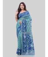 DESH BIDESH Women`s Phulkari Resham Dhakai jamdani Bengal Pure Cotton Handloom Saree Whole Body Design without Blouse Piece (Firoza Blue)